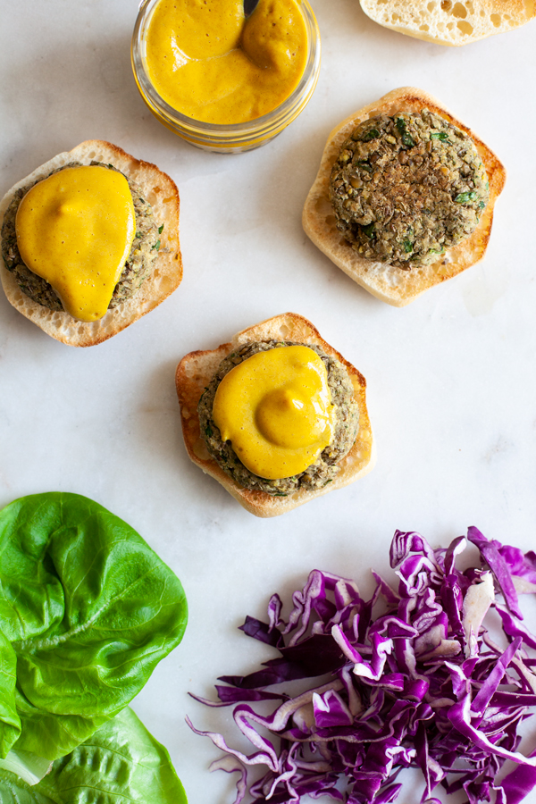 Green Lentil Hemp Seed Sliders with Spicy Dijon Date Mustard | The Full Helping