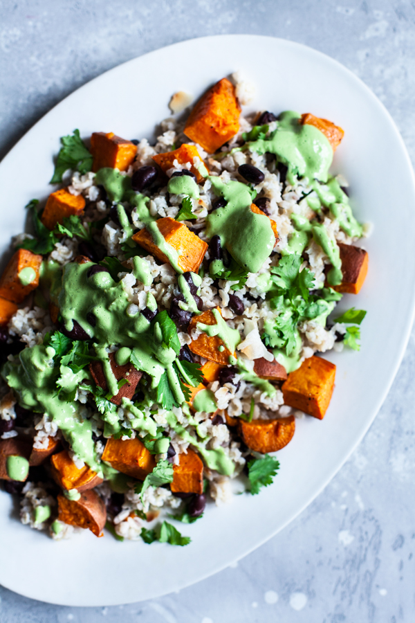 Coconut Brown Rice, Black Beans & Sweet Potato with Cashew Cilantro Lime Sauce