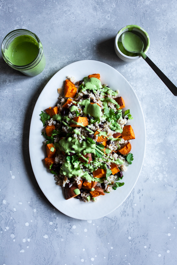 Coconut Brown Rice, Black Beans, & Sweet Potato with Cashew Cilantro Lime Sauce | The Full Helping