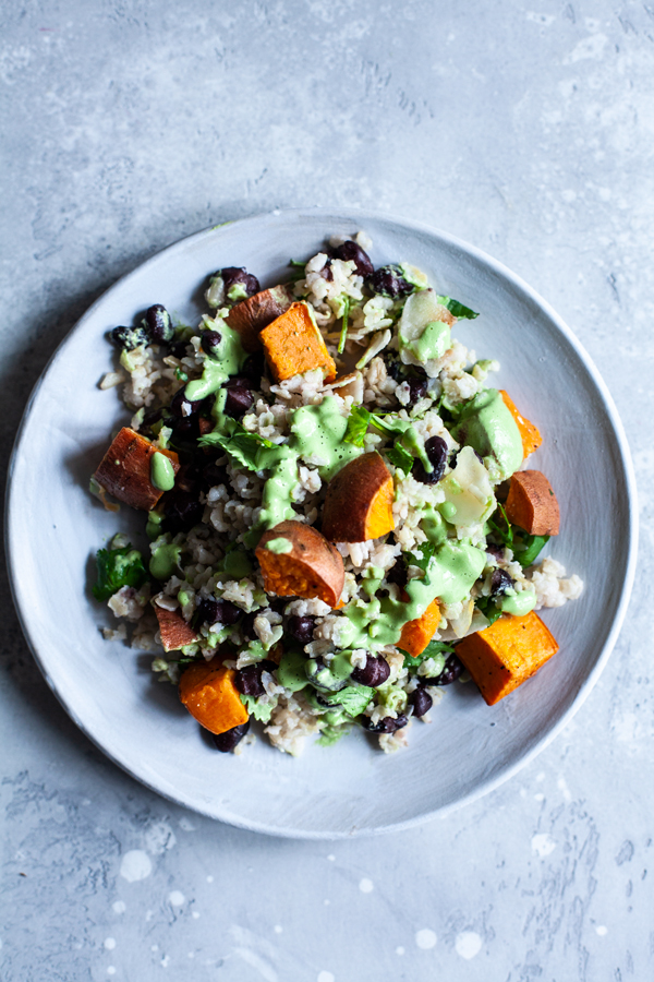 Coconut Brown Rice, Black Beans, & Sweet Potato with Cashew Cilantro Lime Sauce | The Full Helping