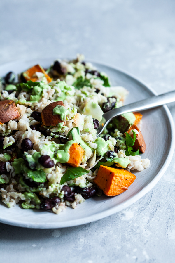 Coconut Brown Rice, Black Beans, & Sweet Potato with Cashew Cilantro Lime Sauce | The Full Helping