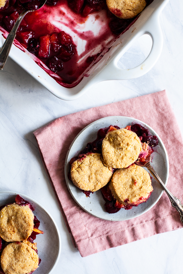 Vegan Peach & Cherry Cornmeal Cobbler