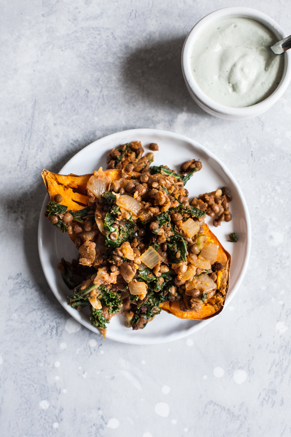 Smoky Lentil Kale Stuffed Sweet Potatoes with Pumpkin Seed Cream | The Full Helping