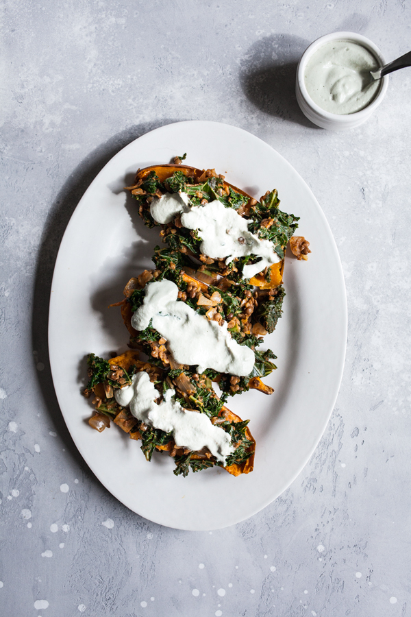 Smoky Lentil Kale Stuffed Sweet Potatoes with Pumpkin Seed Cream | The Full Helping