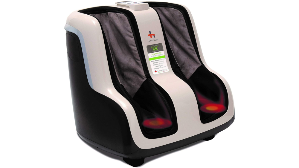 Stationary calf massager with two inserts for a pair of feet.