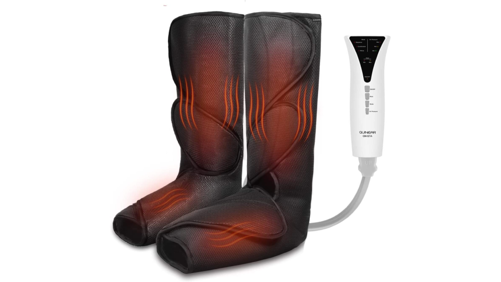 Two boot-shaped wraps showcasing the heating element with a white controller.