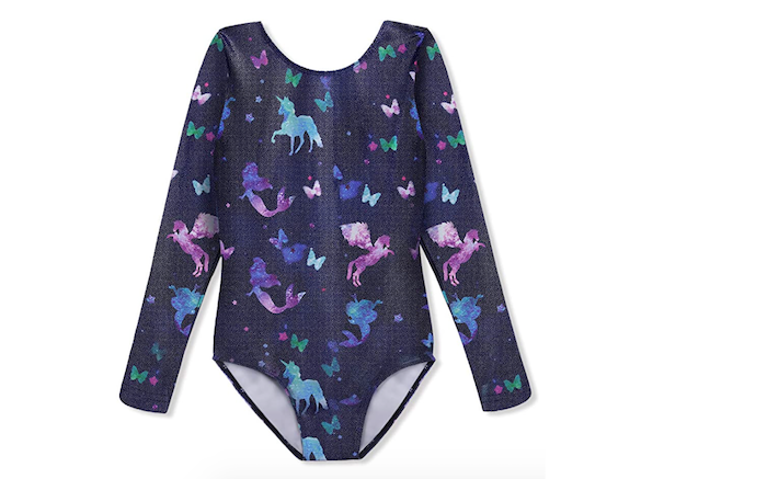 dark blue long sleeved gymnastics leotard decorated with multicolored unicorns and mermaids and butterflies