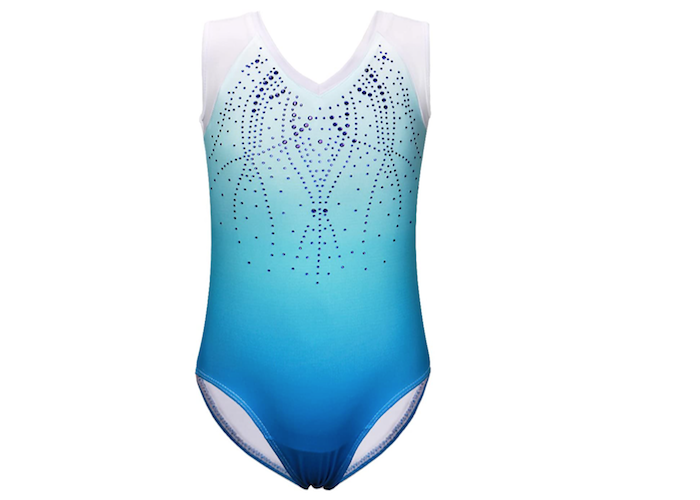 sleeveless blue and white bedazzled gymnastics leotard