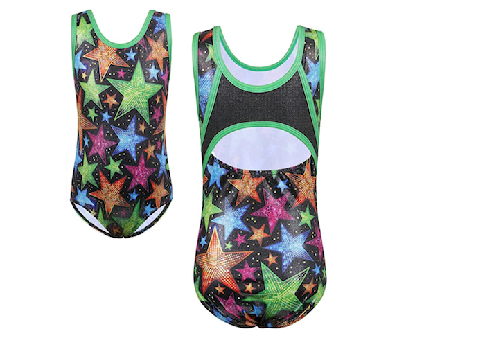 sleeveless sparkly black gymnastics leotard decorated with multicolored stars