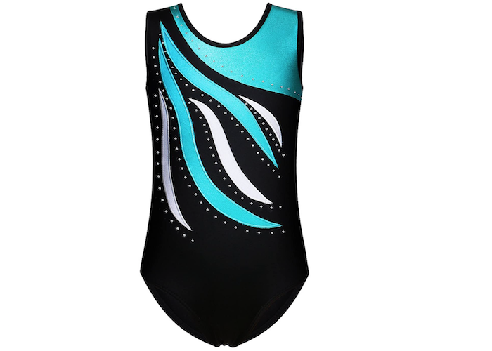 sleeveless black and pale blue and white gymnastics leotard with a few rows of sparkles