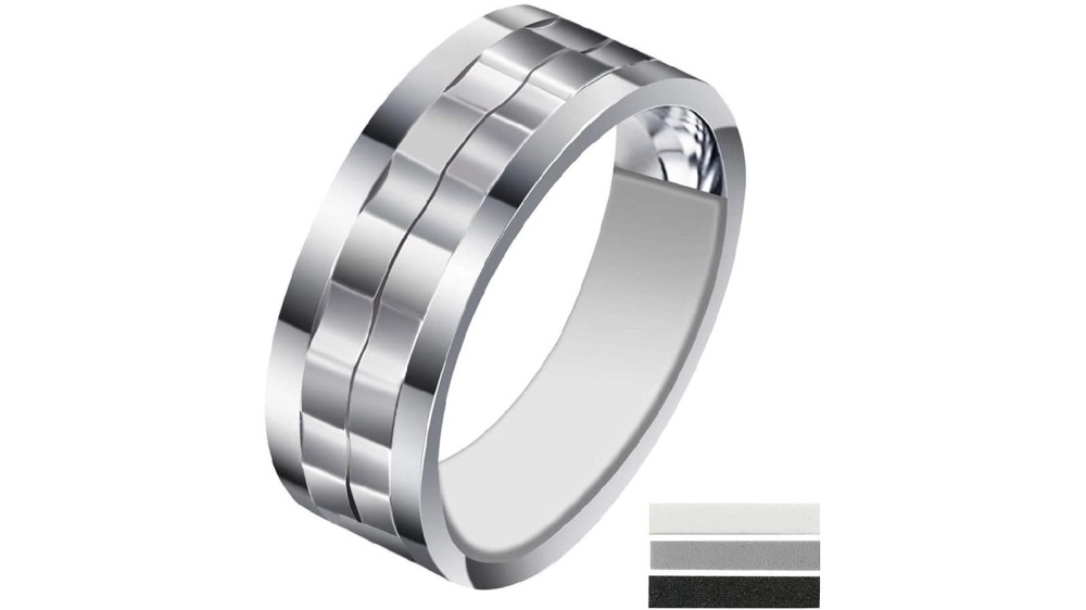 A silver ring band with an transparent ring adjuster.