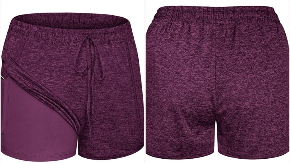 a pair of soft wine-colored athletic shorts with a drawstring and a liner