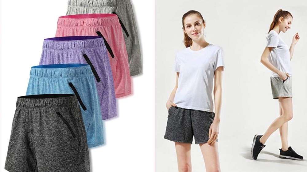 five of the same athletic short in different colors; a woman models the black and gray colors