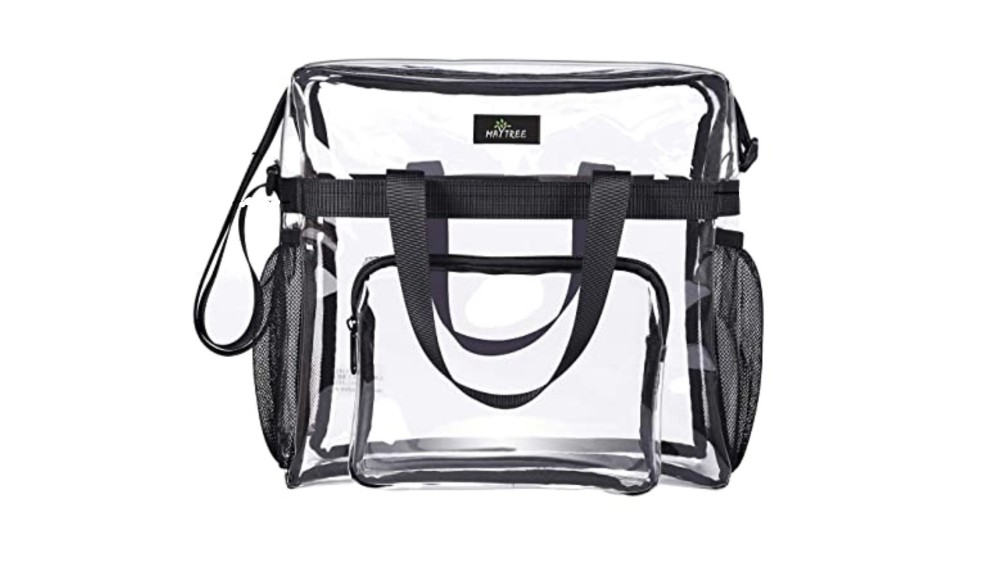 clear multi-pocket tote sized bag with black accents and straps 