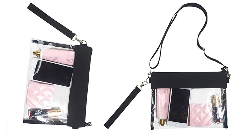 two views clear cross-body bag with clutch strap 