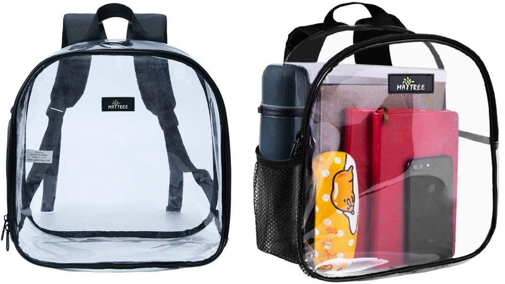 a clear mini backpack with one large compartment and a mesh side pocket shown empty and filled with notebooks