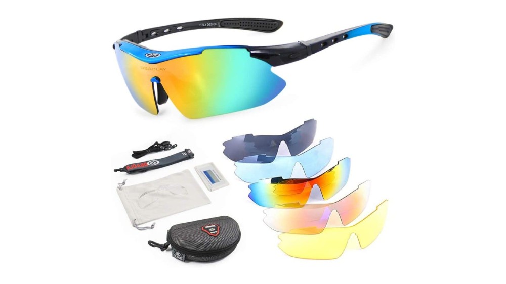 sporty sunglasses with five extra frames and other accessories