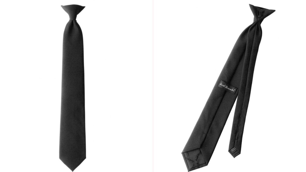 front and back view of a black clip-on necktie