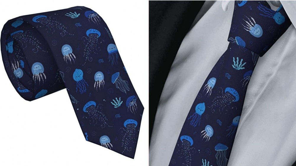 a navy blue necktie with blue jellyfish printed on it