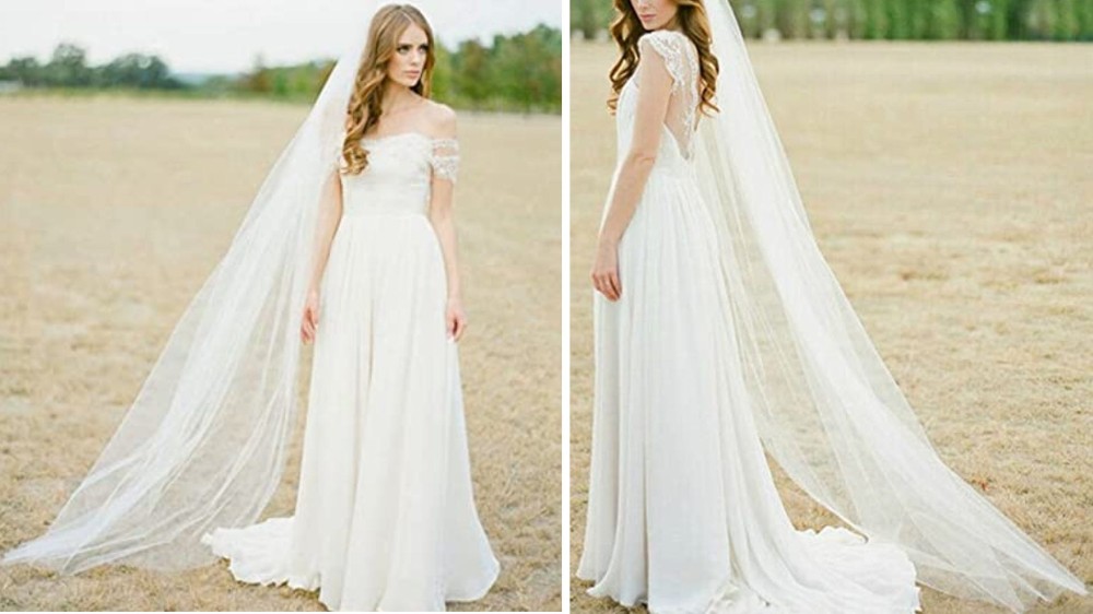 double pictures bride in cathedral veil and wedding dress in field 