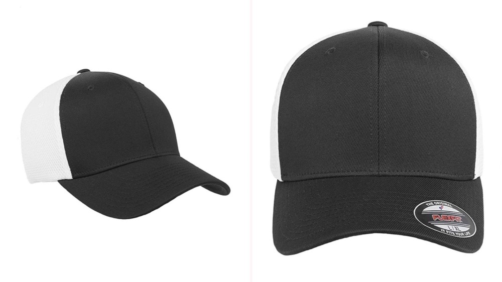 Two views of a black hat with white mesh.