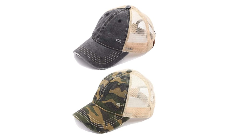 On top, a blue hat with a white mesh back. On the bottom, a camouflage hat with white mesh.