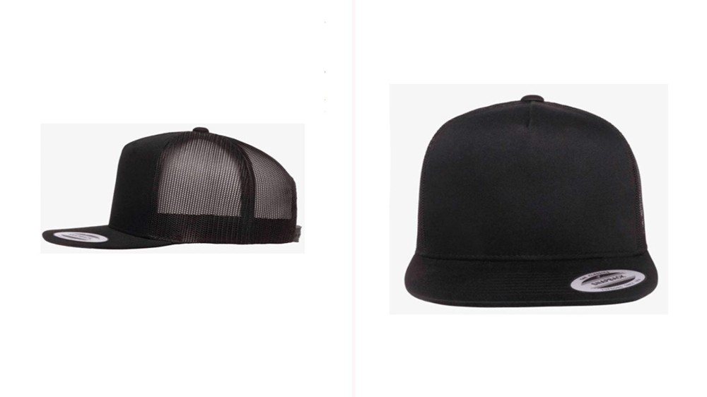 Two views of a black hat with a flat bill and mesh.