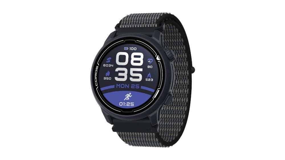 a modern-looking black digital sports watch with blue and white accents on the screen