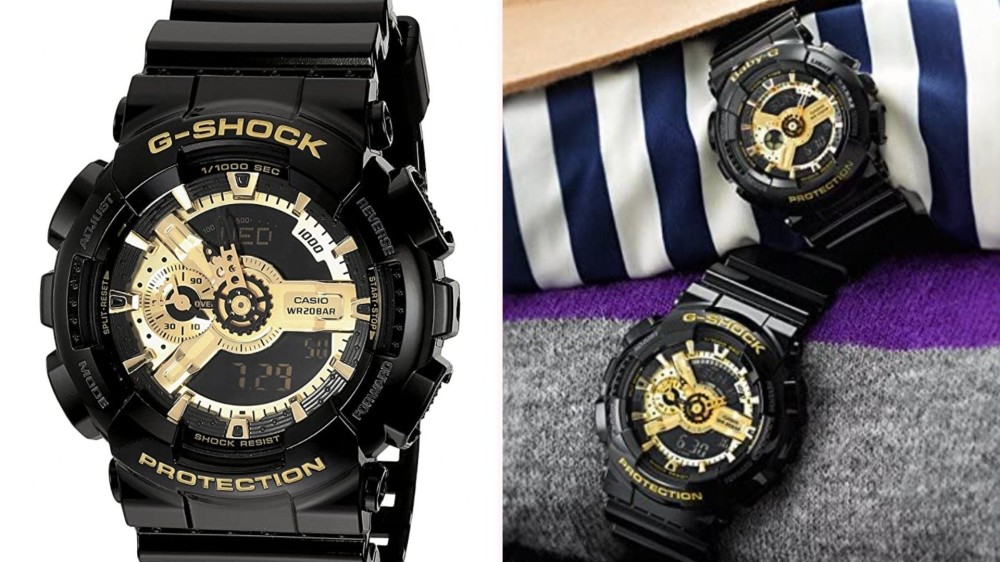 a black digital and analog G-shock watch with gold accents 