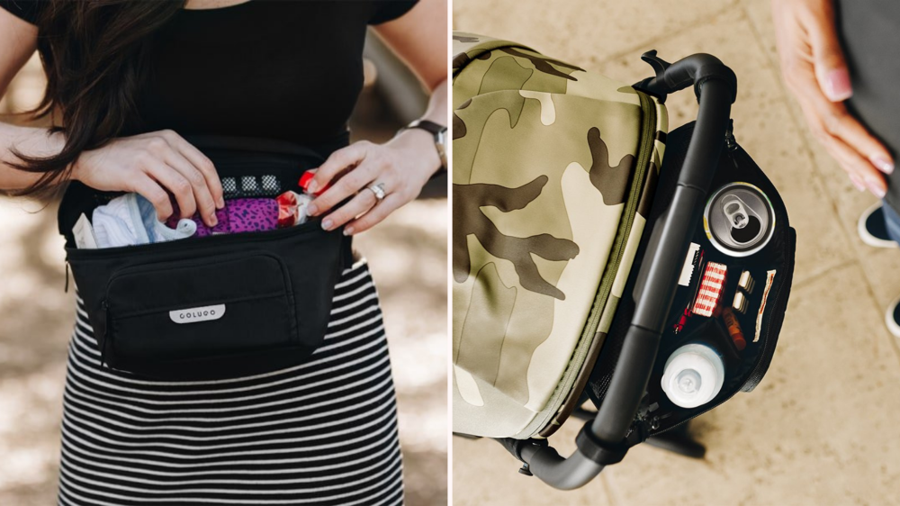 woman wearing black Colugo belt bag stuffed with items/bag hanging off of the stroller handles