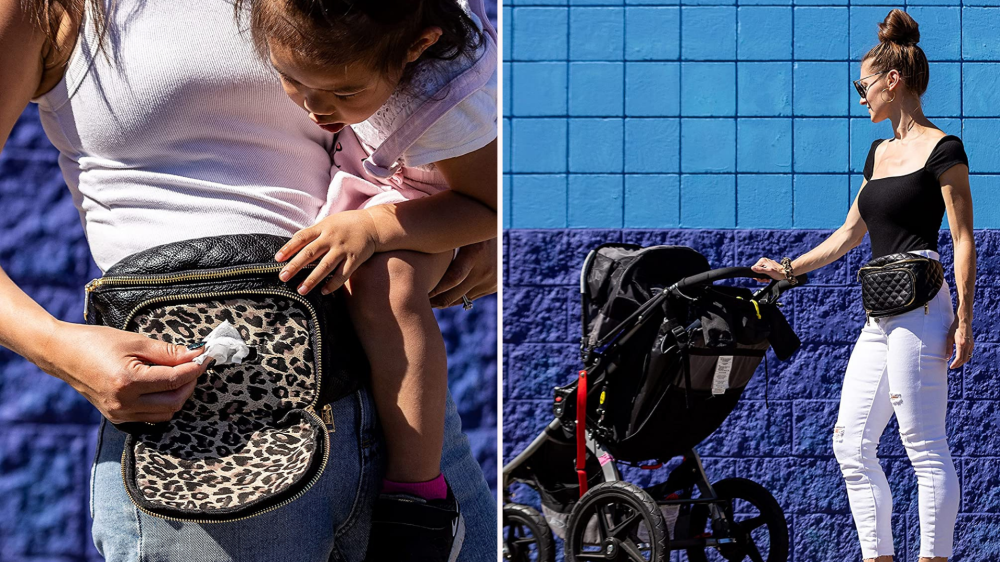 image of woman pulling wipes out of her fanny pack while holding a baby/image of a woman wearing black fanny pack while pushing a stroller