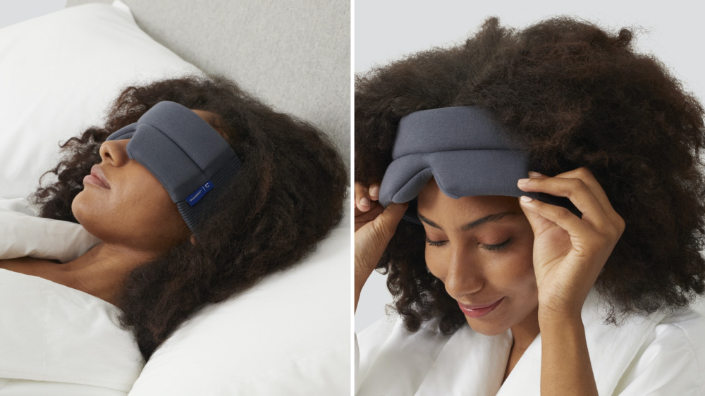 A woman wears a sleep mask.