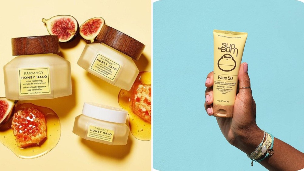 Three jars of moisturizer with honey and figs around them; a hand holding a yellow tube of sunscreen