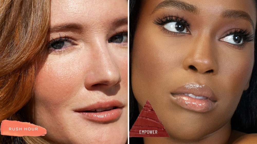 Close up of two women's faces, both of whom are wearing blush