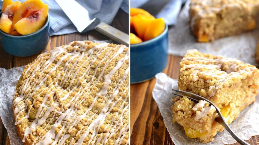 Two images featuring a homemade peach cobbler coffee cake. The left image is the full breakfast cake topped with a drizzle with a side of sliced peaches and the right image is a piece getting ready to be eaten.