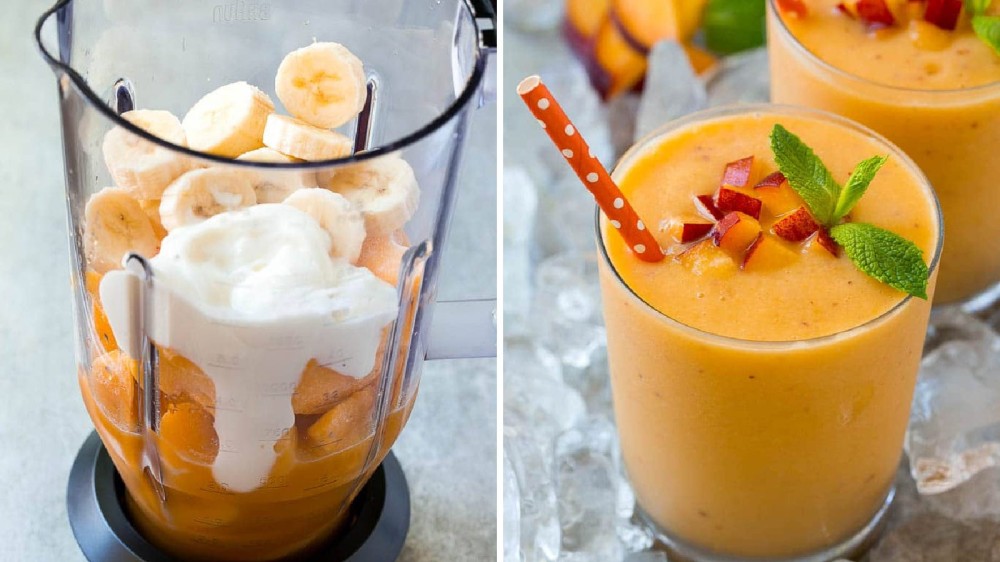 Two images featuring a peach smoothie. The left is the blender filled with all ingredients used to make the smoothie and the right image is the finished product garnished with mint leaves and diced peach.