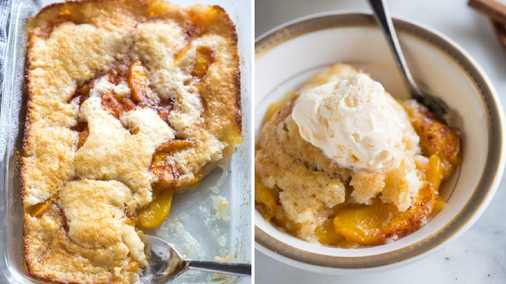 Two images: the left image features a fully baked peach cobbler with one missing corner, and the right image is the missing peice, plated in a dessert bowl topped with vanilla icecream.