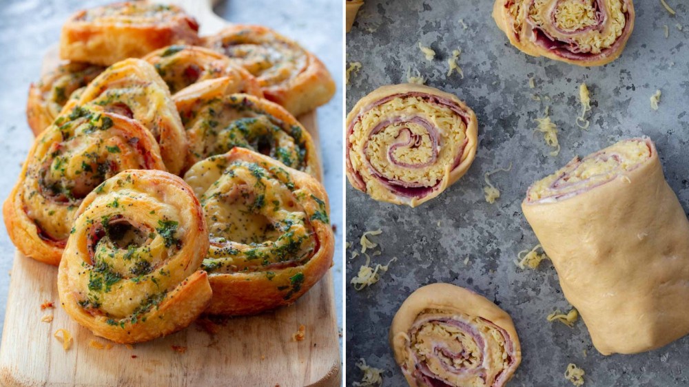 Two images that show ham and cheese pinwheels before and after they have been cooked in the oven.