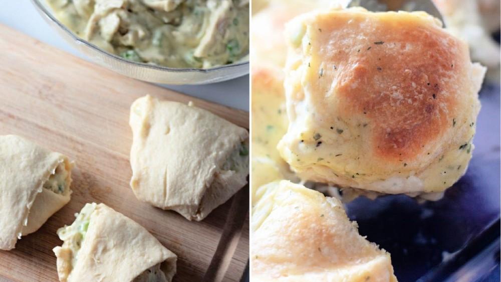 two images of chicken crescent rolls before and after being cooked in the oven.