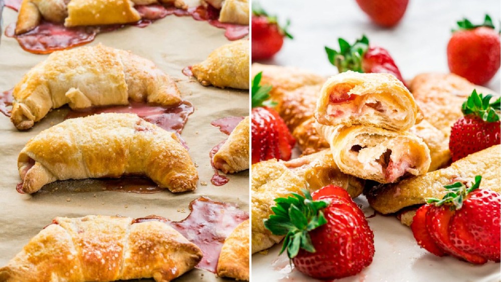 Two images of strawberry cheesecake crescents.