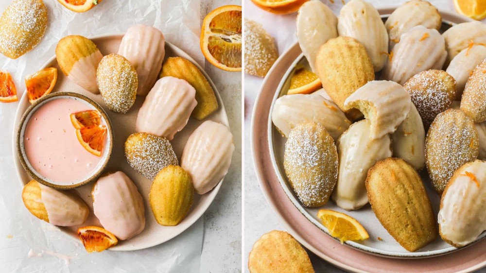 Two sets of orange madeleines; one with a pink blood orange glaze and the other with a white orange zest glaze