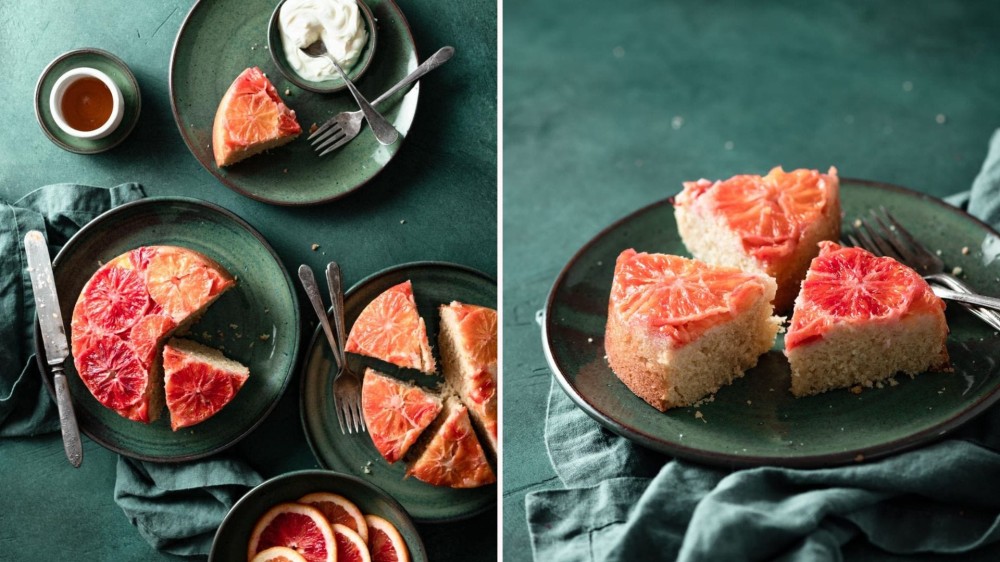 Slices of blood orange upside down cake on green plates, on green counters