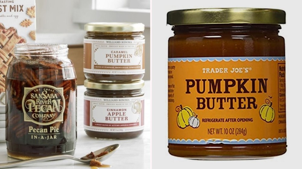 A stack of pecan pie mix and pumpkin butter jars; close up of a jar of Trader Joe's pumpkin butter