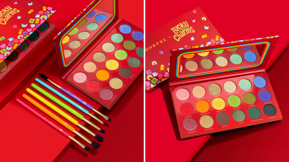 An eyeshadow palette and makeup brushes feature rainbow colors.