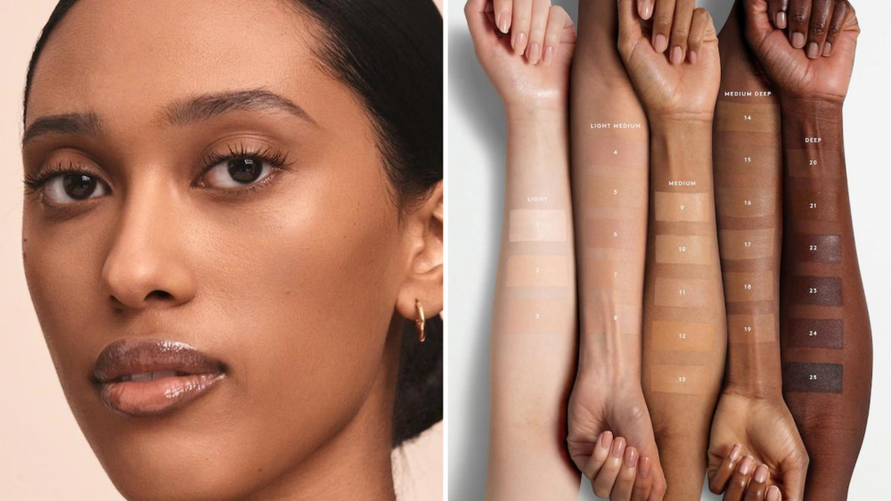 A person wears a blurring skin tine, and a skin tint is swatched showing multiple shades.