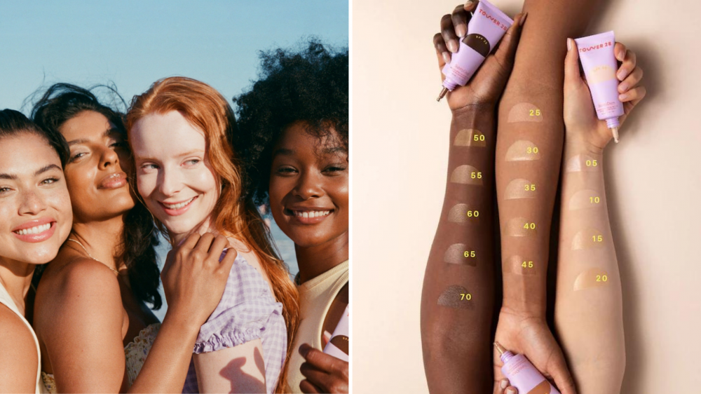 Four people smile while holding tinted sunscreen, and three arms have swatches of skin tint.