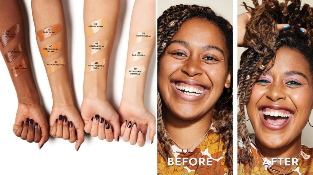 Arms have swatches of product, and a person applies a foundation in a before and after photo.