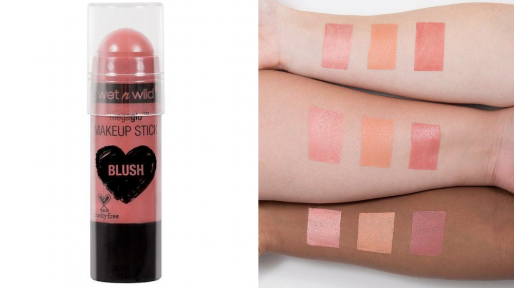 A cream blush stick and swatches of blush.