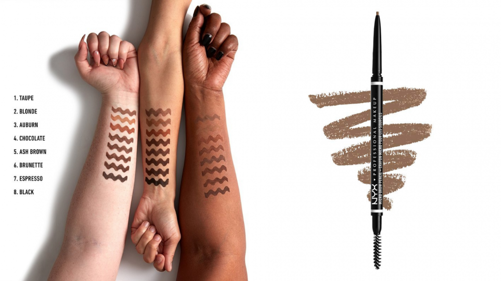 Brow pencil swatches are on people's arms.