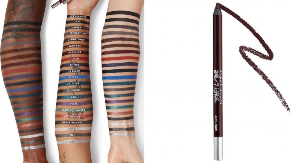 Three arms have swatches of eyeliner shades.